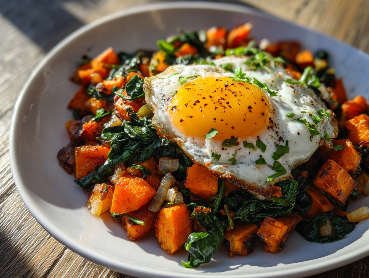 Sweet Potato & Spinach Breakfast Hash with Eggs